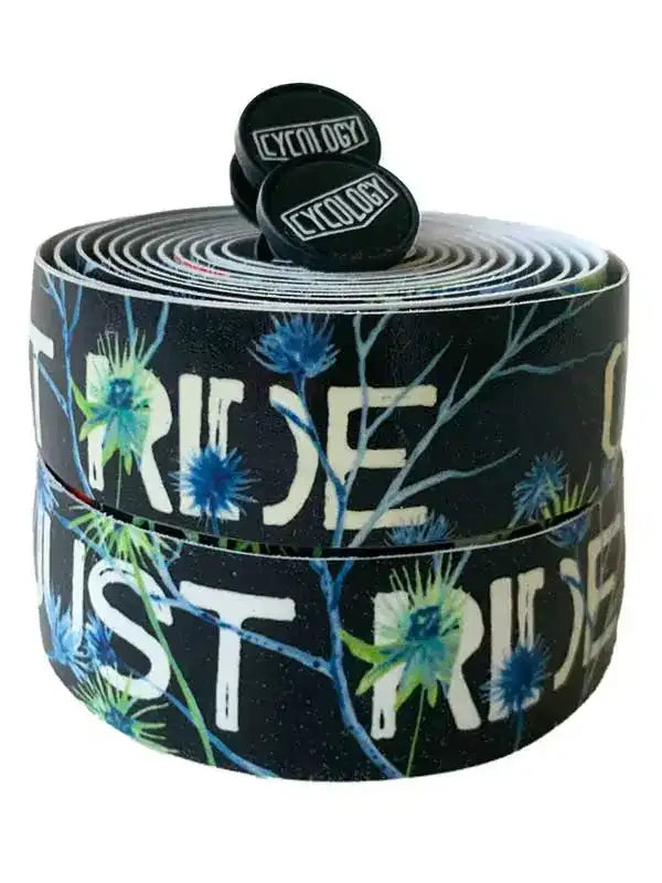 Cycling handlebar tape with 'Just Ride' print and floral design, featuring Cycology end plugs