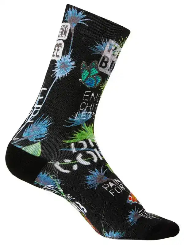 Black cycling sock with blue flowers, butterflies, and bold text design for men's and women's bike rides