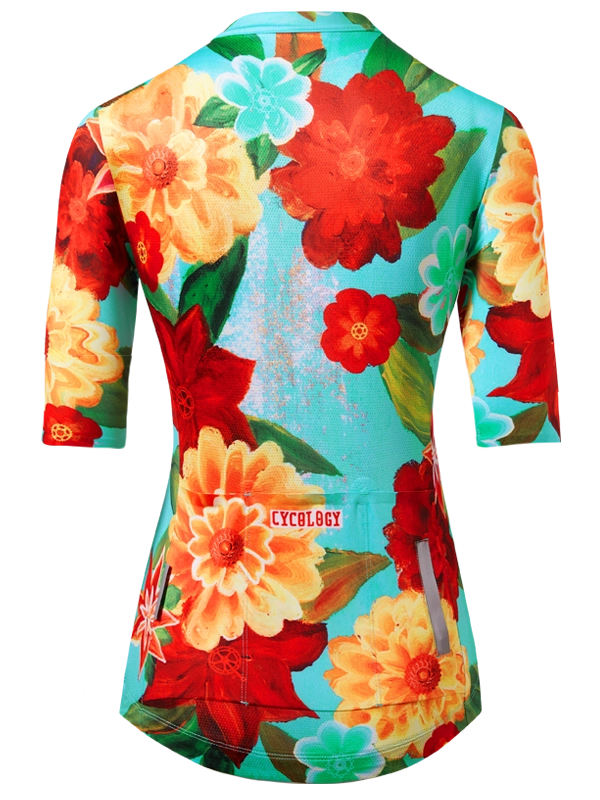 Colorful floral-patterned jersey with 'Cycology' branding on back pockets