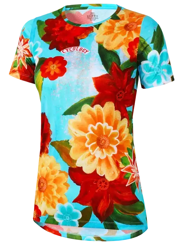 Women's floral cycling jersey with vibrant red, orange, and blue flowers on light blue background