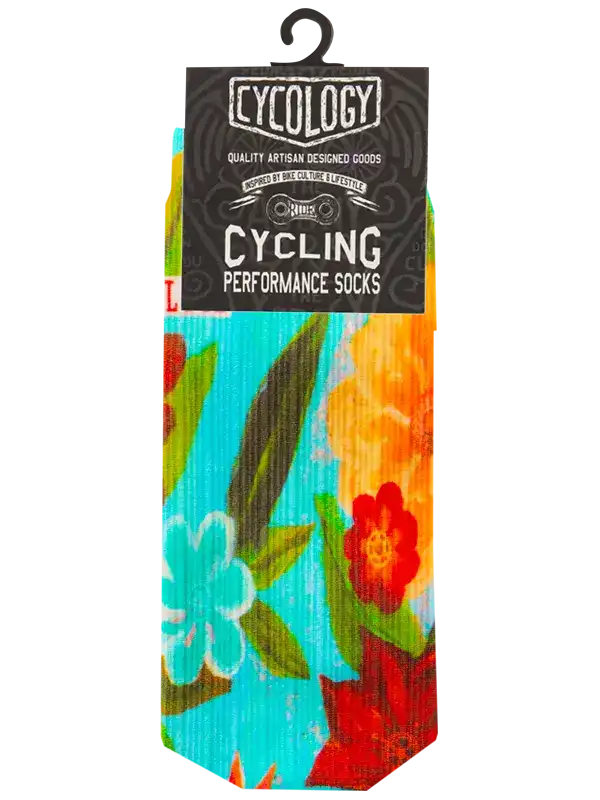 Colorful floral cycling performance socks with vibrant blue, red, and orange blooms on athletic sock design