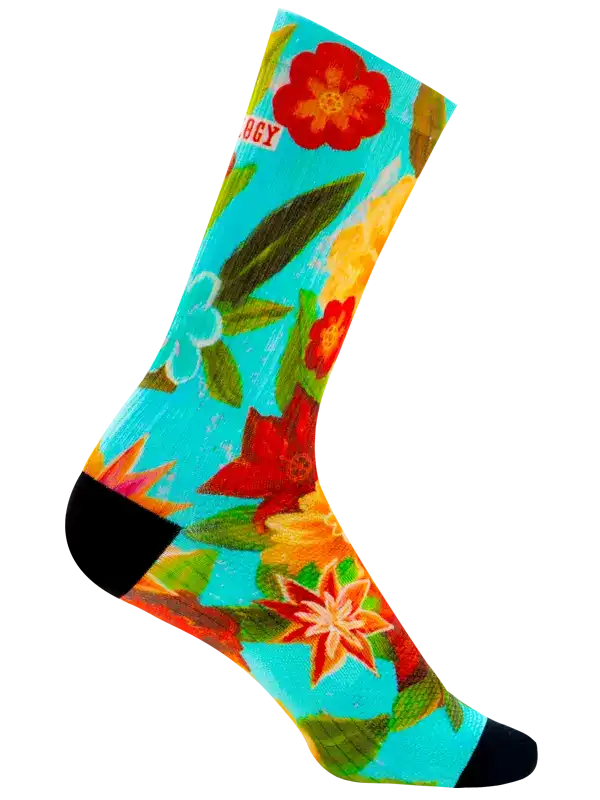 Vibrant floral cycling socks with tropical print, ideal for men's and women's bike rides