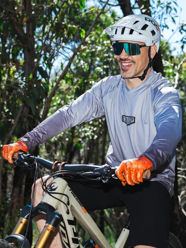 Good Times Grey Men's Long Sleeve Mountain Bike Jersey on model front | Cycology AUS