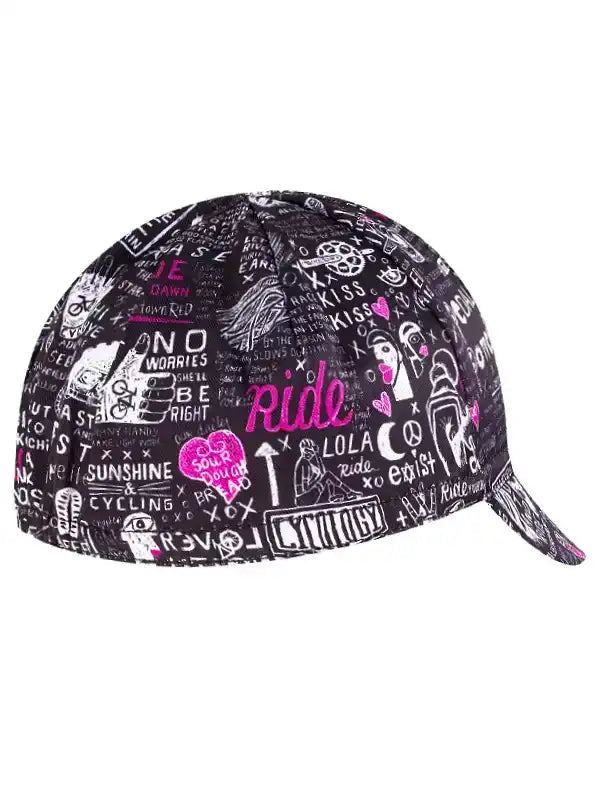Black cycling cap with pink and white doodle designs, featuring 'Ride' and motivational phrases for cyclists.