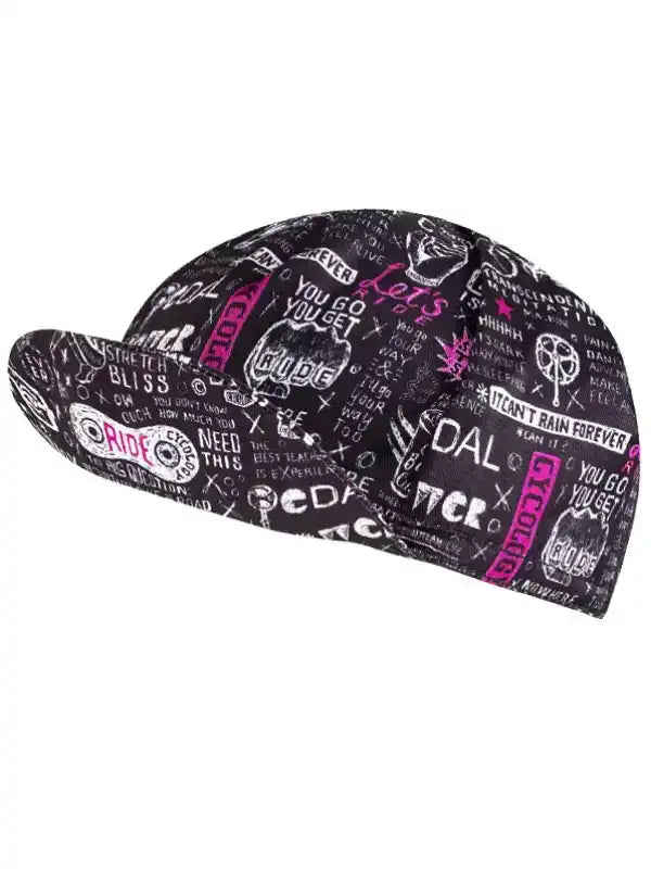 Black cycling cap with pink and white graffiti-style ride quotes and bike graphics, perfect for road cycling