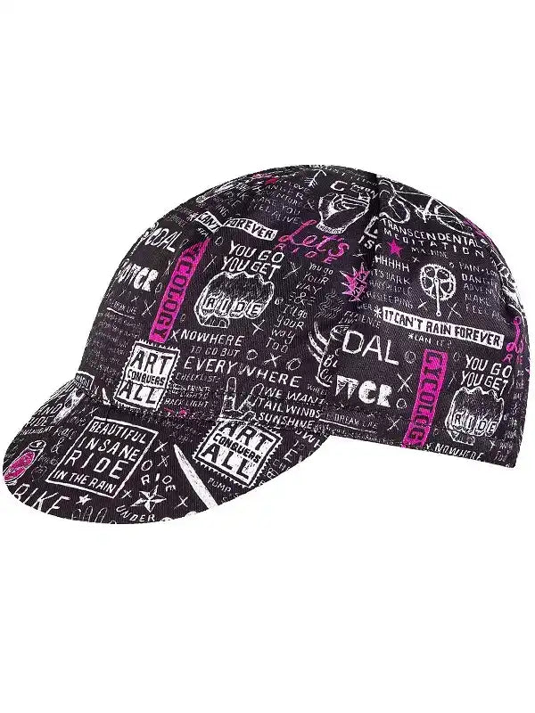 Black cycling cap with pink and white graffiti-style text and graphics, featuring phrases like 'RIDE' and 'ART CONQUERS ALL'