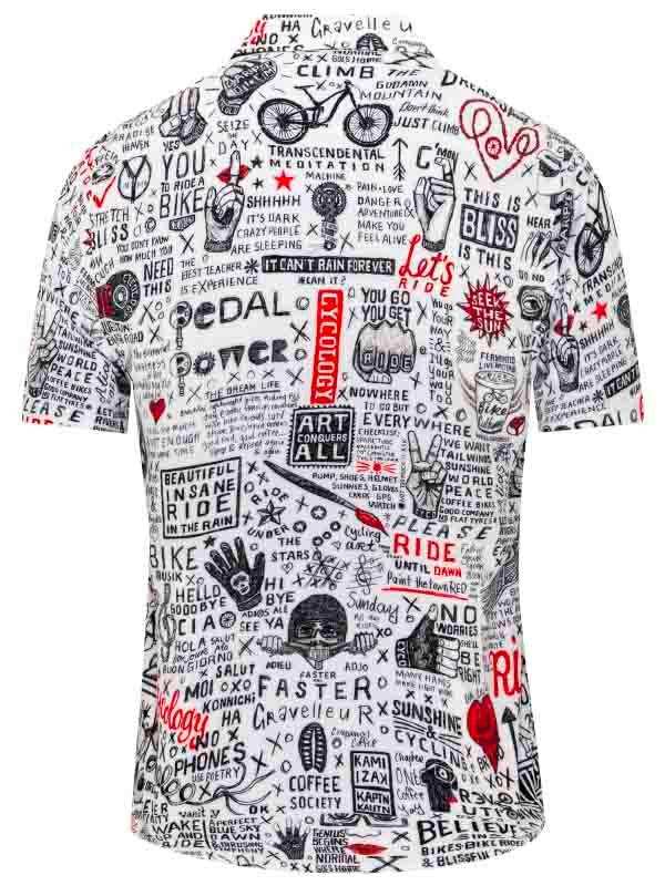 Men's cycling shirt with bold graphic print, featuring bike-themed quotes and doodles for active riders.