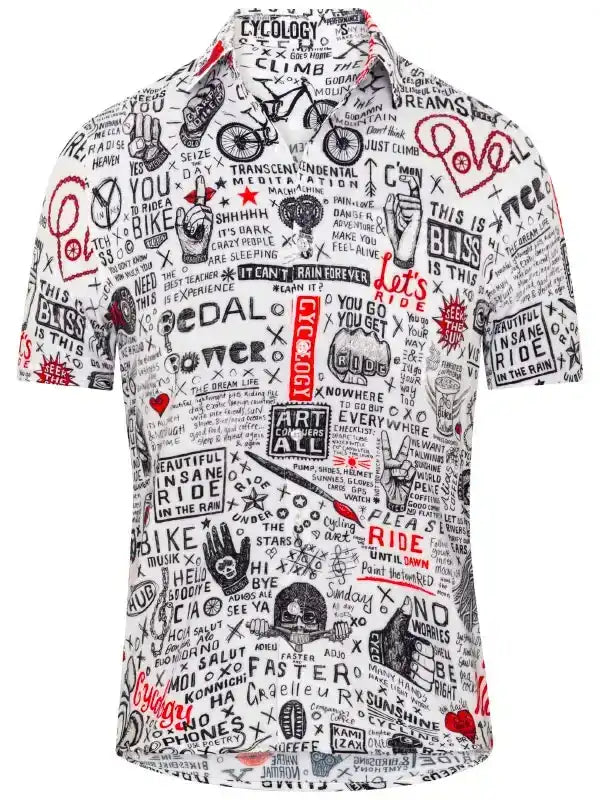 Men's cycling shirt with bold graphic print, bike motifs, and motivational phrases for road or mountain biking