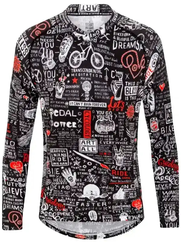 Men's long sleeve cycling jersey with bold graphic print, featuring bike motifs and motivational phrases for road rides.