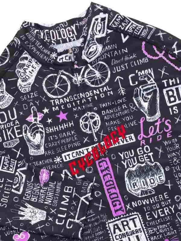 Black cycling jersey with bold graphic print, bike motifs, and motivational phrases for men and women riders
