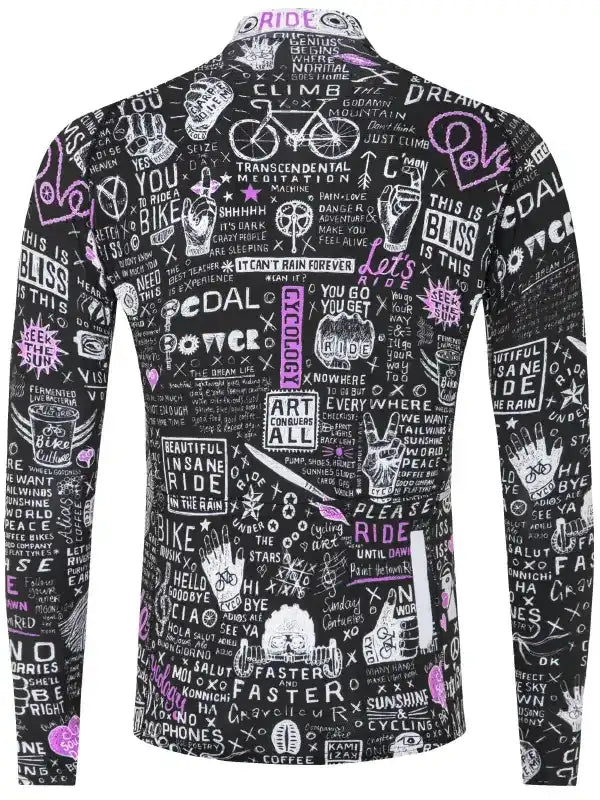 Black long-sleeve cycling jersey with vibrant purple and white graffiti-style graphics, including bikes, hands, and motivational phrases.