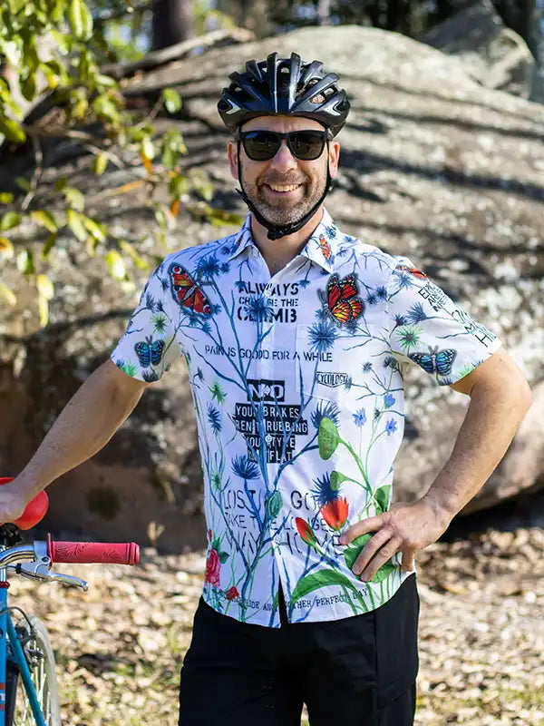 Gangsta White Men's Gravel Cycling Shirt |front view on mode3l  Cycology AUS