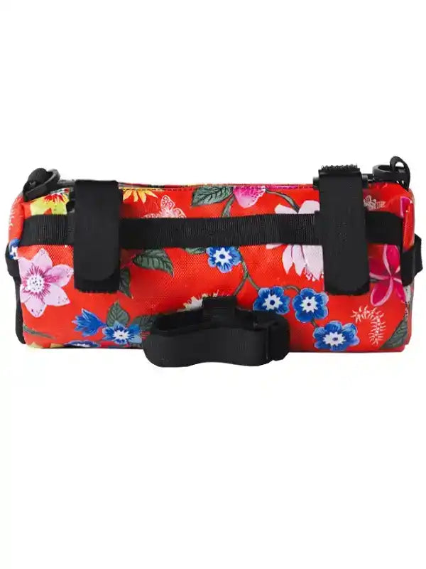 Vibrant red floral cycling frame bag with black straps, ideal for bike adventures and gear storage.