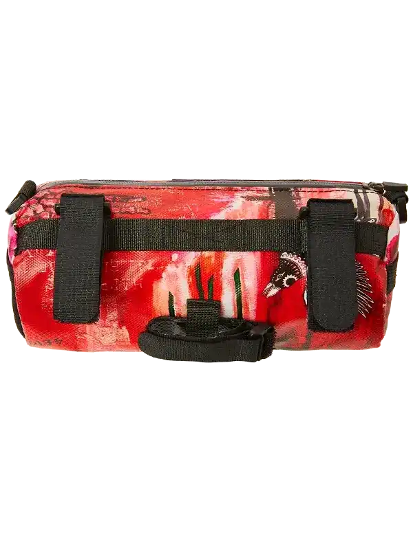 Red floral bike frame bag with black straps and bird print, ideal for cycling gear storage