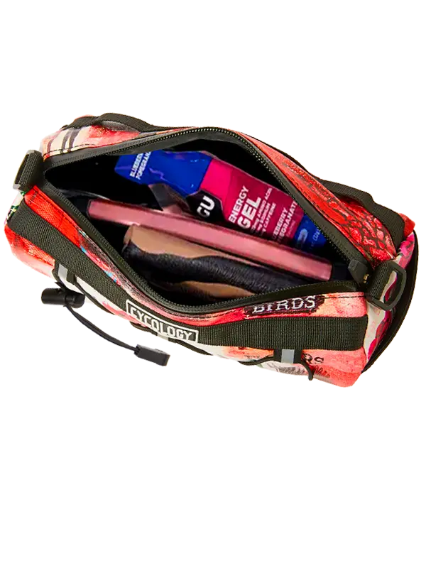 Floral and bird patterned bike bag with 'Cycology' branding