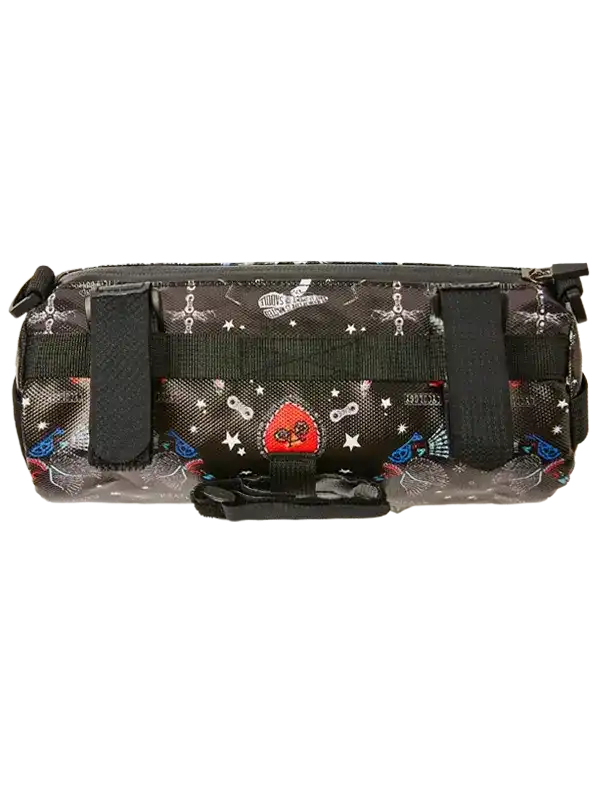 Cycling frame bag with space-themed print, stars, and red heart design for bike storage