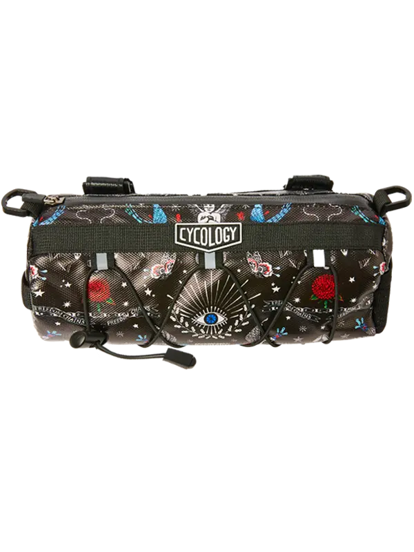 Black bike bag with colorful designs and 'Cycology' branding 