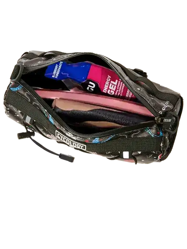 Cycling waist bag with energy gels and essentials, perfect for rides