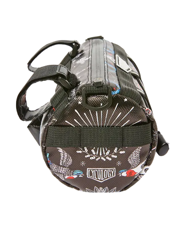 Bicycle handlebar bag with colorful designs and 'Cycology' branding 