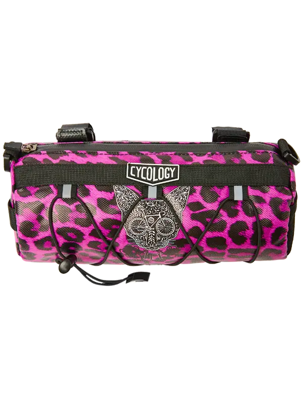 Pink leopard print bike bag with 'Cycology' branding