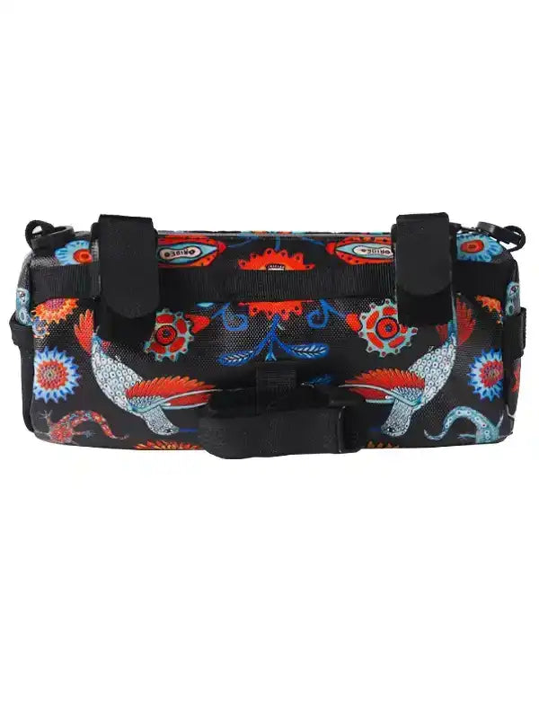 Colorful patterned cycling frame bag with black straps, ideal for bike adventures and storage