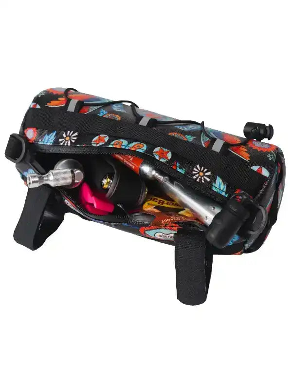 Colorful cycling frame bag with tools and CO2 cartridges, ideal for bike repairs on the go.