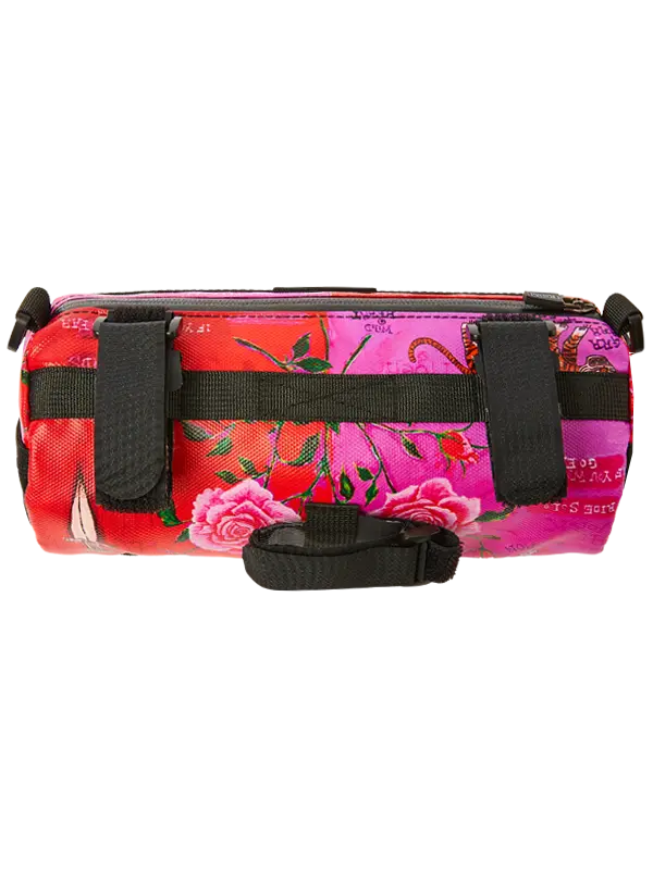 Bicycle handlebar bag with a pink and red design 