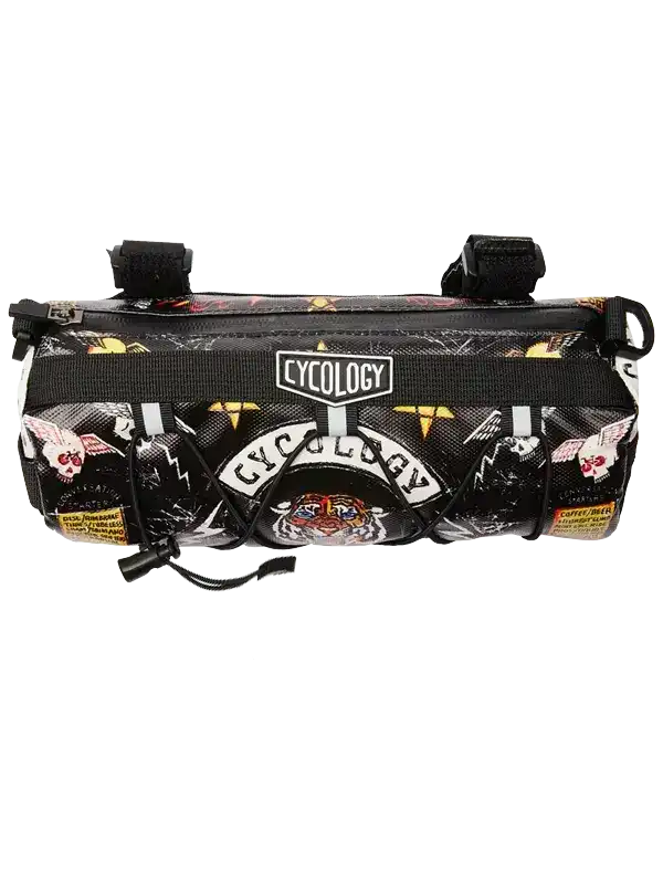 Cycology bike frame bag with tiger and skull print, black straps, and bold graphics for cycling gear