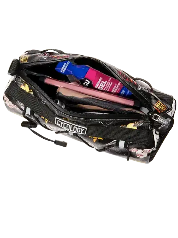 Cycology cycling bag with energy gels and essentials, perfect for rides and training sessions.