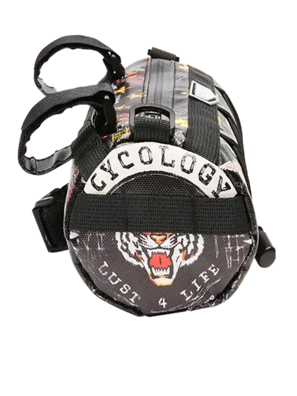 Cycology bike frame bag with tiger graphic, 'Just 4 Life' text, and black straps for cycling gear storage