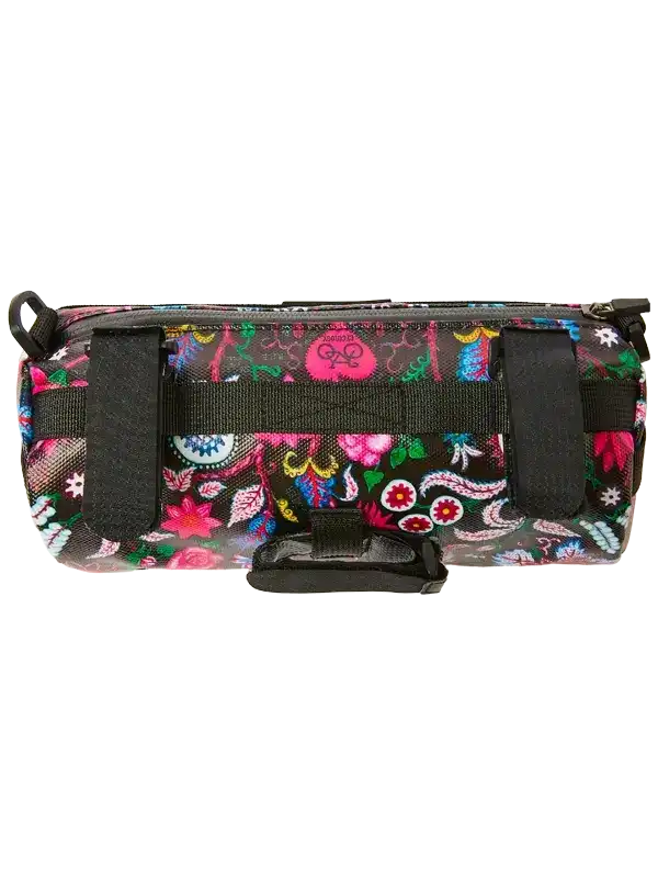 Colorful floral cycling frame bag with black straps for bike storage