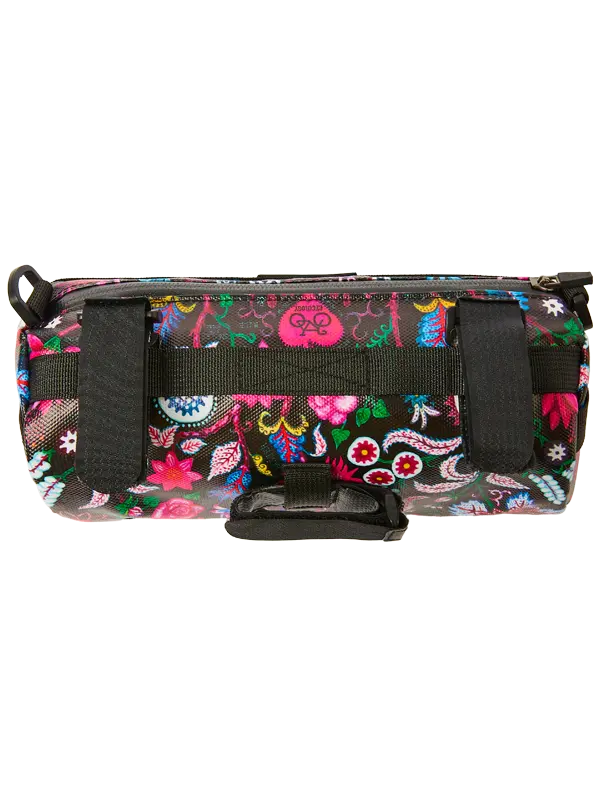 Multicolored floral patterned bag with black Velcro straps