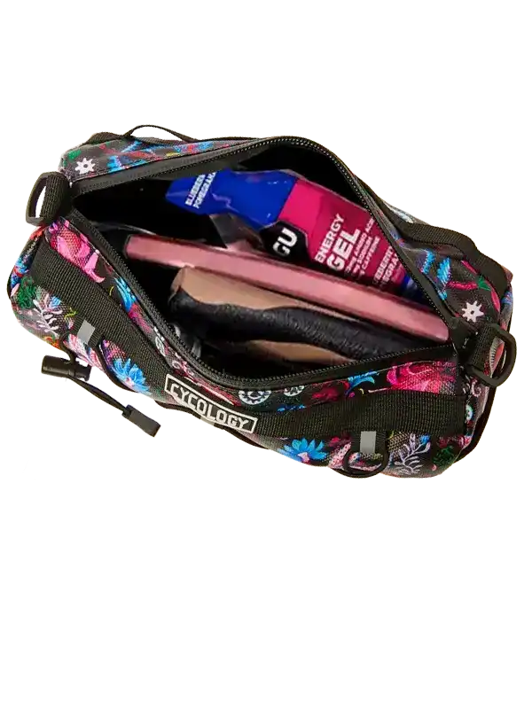 Cycology floral cycling waist bag with energy gel and phone inside, perfect for rides
