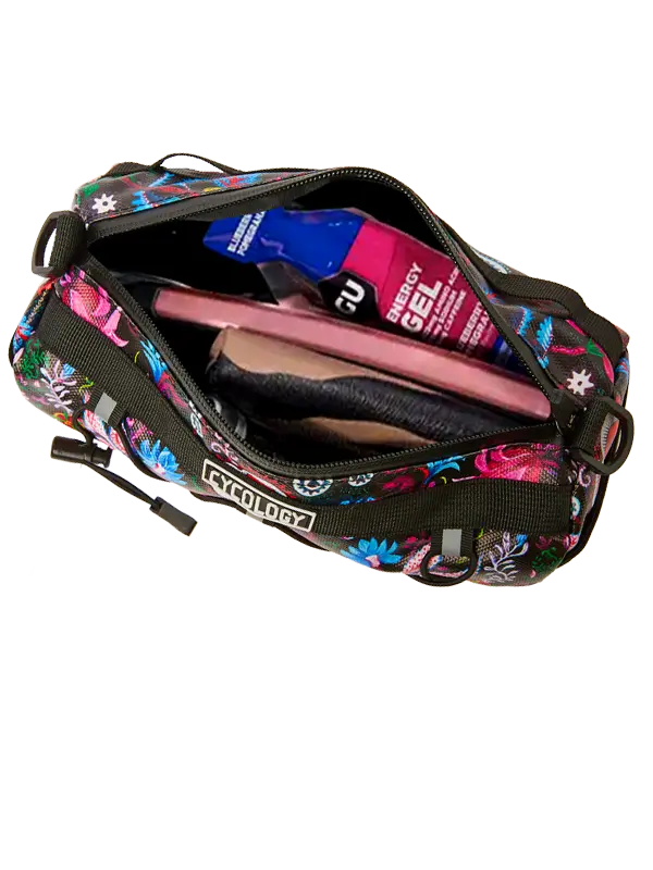 Floral-patterned bike handlebar bag with 'Cycology' branding 