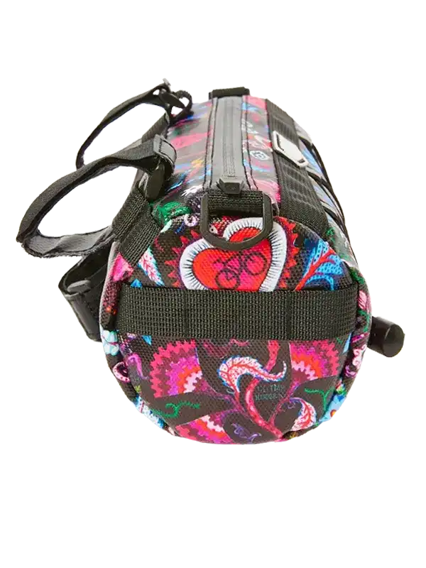 Colorful cycling frame bag with heart and bike print, black straps, zippered closure for bike storage
