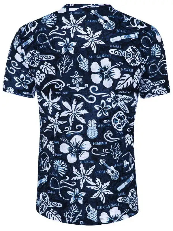 Men's navy blue Hawaiian print cycling shirt with tropical flowers, ukuleles, and Hawaii-themed graphics