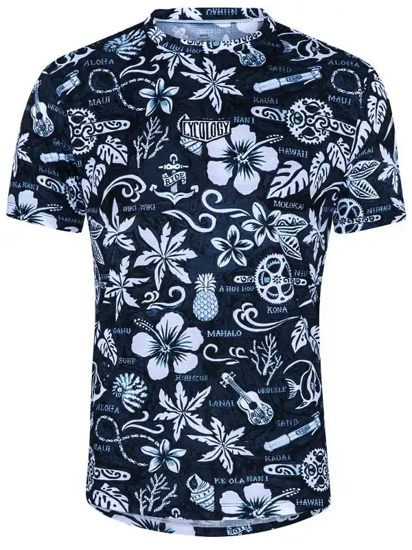 Men's cycling jersey with Hawaiian floral and island-themed print, featuring hibiscus, pineapples, and surf motifs