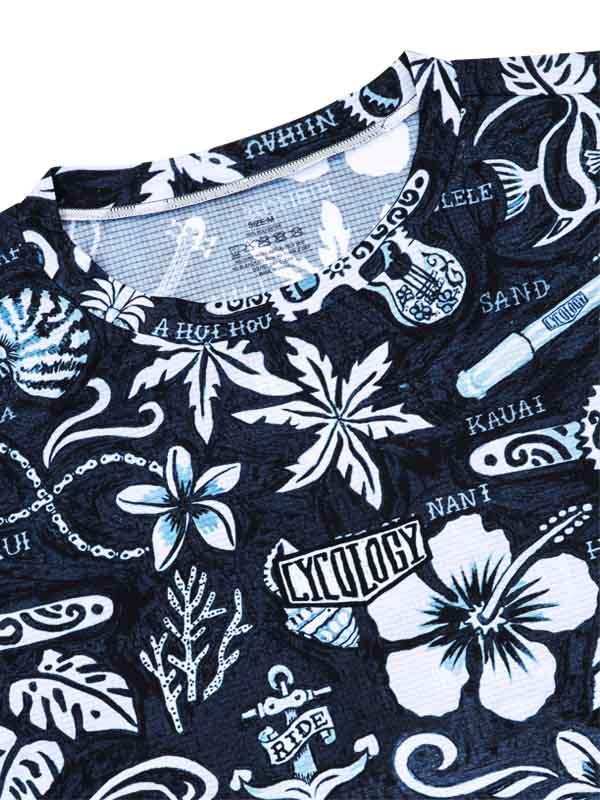Black cycling jersey with tropical hibiscus, guitar, and anchor print for men and women