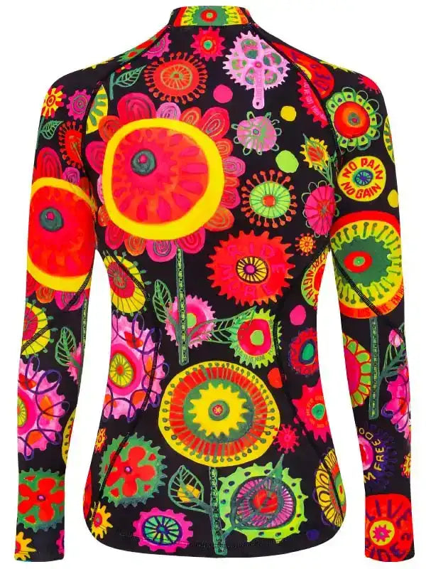 Vibrant floral and gear pattern long sleeve cycling jersey for women, bold colors, unique design