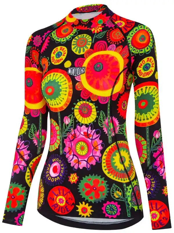 Women's long sleeve cycling jersey with vibrant floral and gear print, perfect for road bike rides.