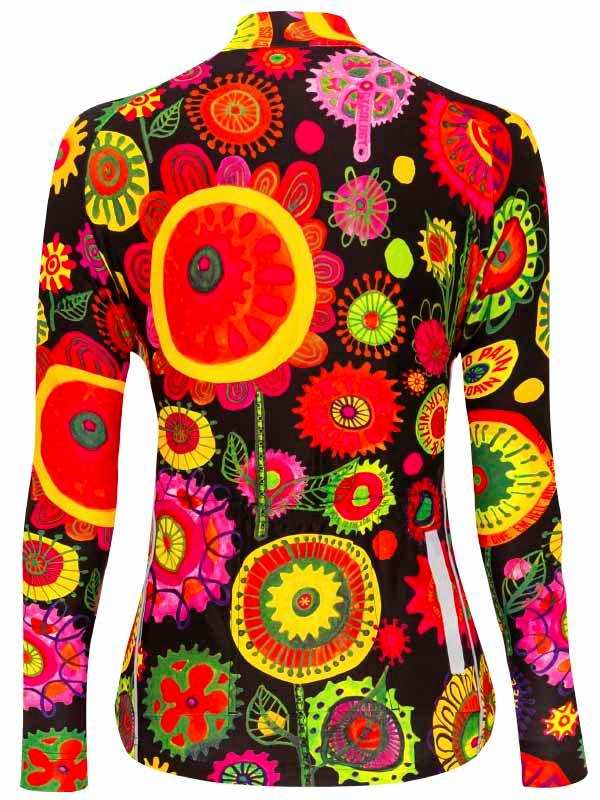 Vibrant floral cycling jersey with bold red, yellow, green patterns on black background, long sleeves, women's fit