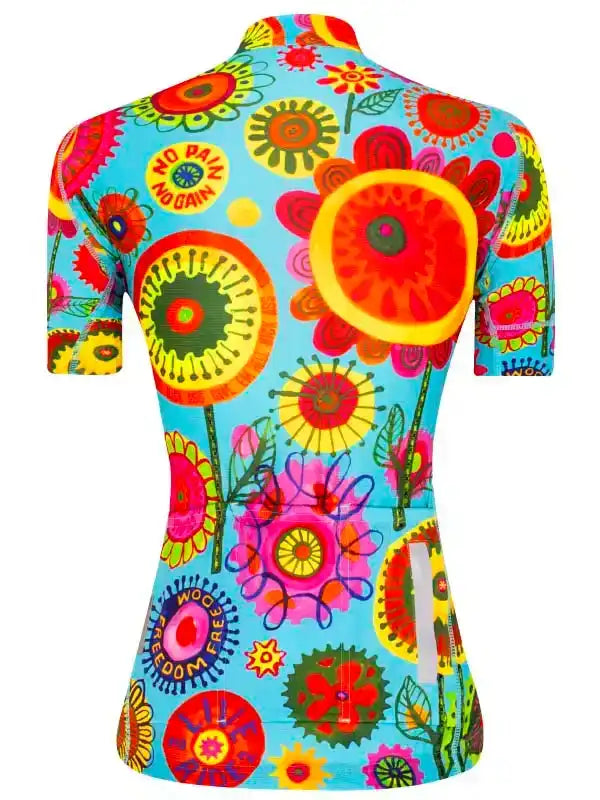 Women's cycling jersey with vibrant floral print, short sleeves, and motivational slogans for road bike rides