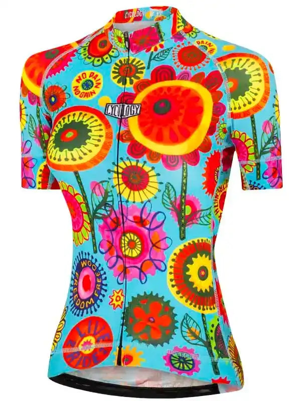 Women's colorful floral cycling jersey with vibrant retro flower print and zip front, ideal for road rides.