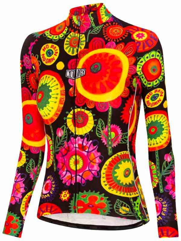 Vibrant floral print women's cycling jersey with long sleeves, bold colors, and 'No Pain No Gain' design