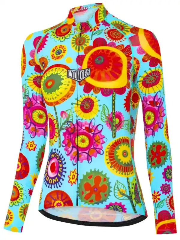 Women's long sleeve cycling jersey with vibrant floral pattern and full zip, ideal for road bike rides.