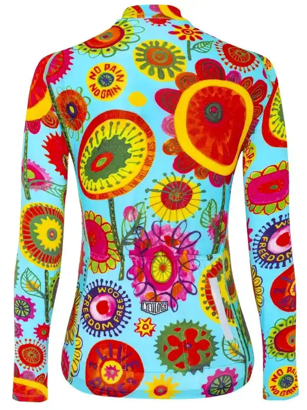Vibrant floral cycling jersey with 'No Pain No Gain' print, long sleeves, and reflective details for women's bike rides.