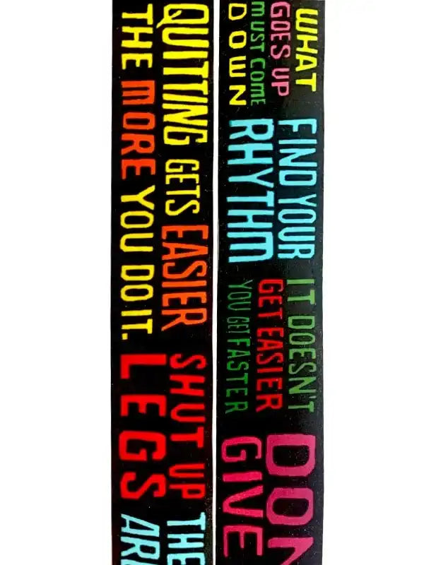 Motivational cycling socks with bold colorful text phrases for riders