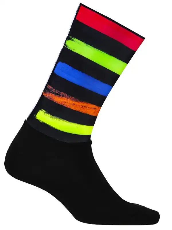 Black cycling sock with vibrant neon stripe design for men and women