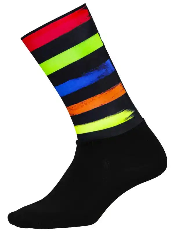 Black cycling sock with vibrant rainbow stripes, ideal for men's and women's bike rides