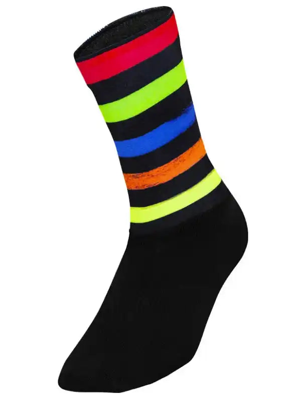 Black cycling sock with vibrant rainbow stripes, ideal for men's and women's bike rides